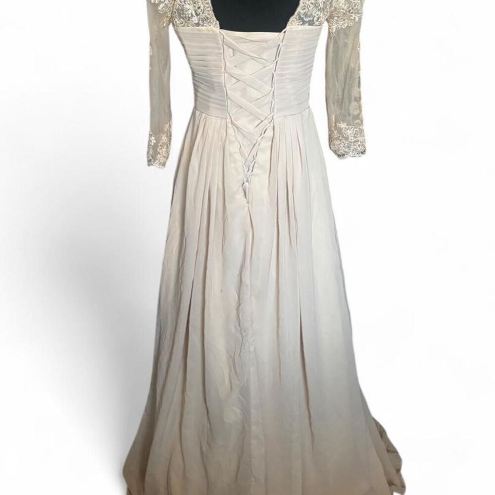 Cream Lace Corset Back Prom Dress Long Sleeve Chiffon Gown 4